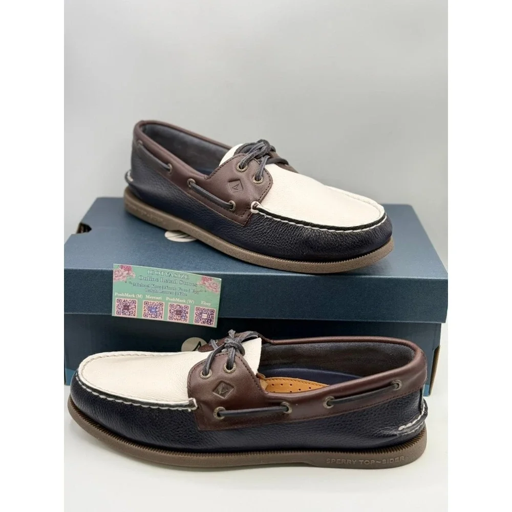 Sperry Top-Sider AO 2-Eye Boat Shoes Navy White Brown Leather NWT Sz 10‎